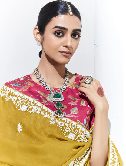 Mustard Yellow Glass Tissue & organza Sequnis & Dhaga Embroidered Designer Haldi Saree