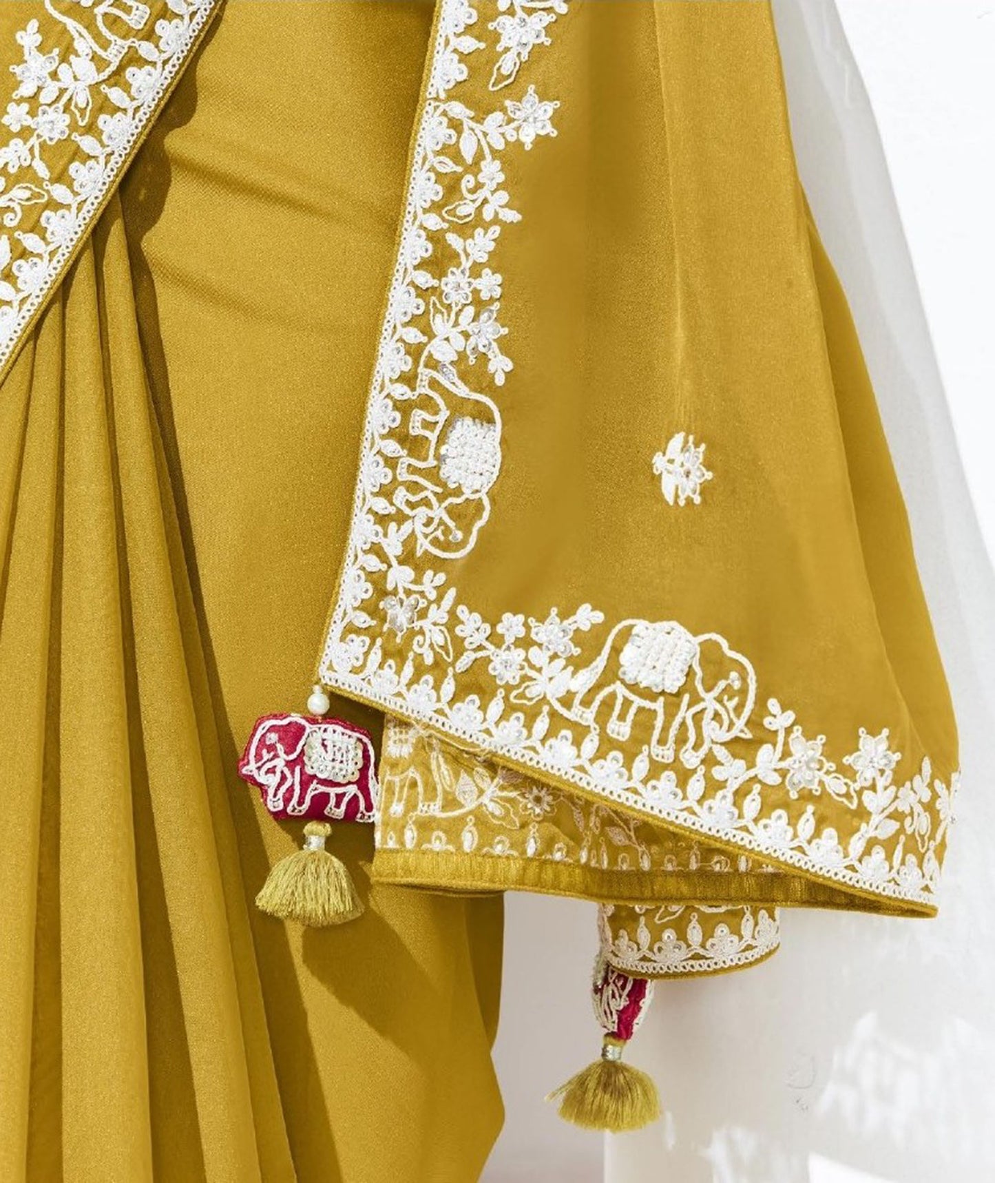 Mustard Yellow Glass Tissue & organza Sequnis & Dhaga Embroidered Designer Haldi Saree
