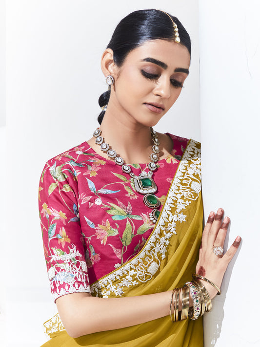 Mustard Yellow Glass Tissue & organza Sequnis & Dhaga Embroidered Designer Haldi Saree