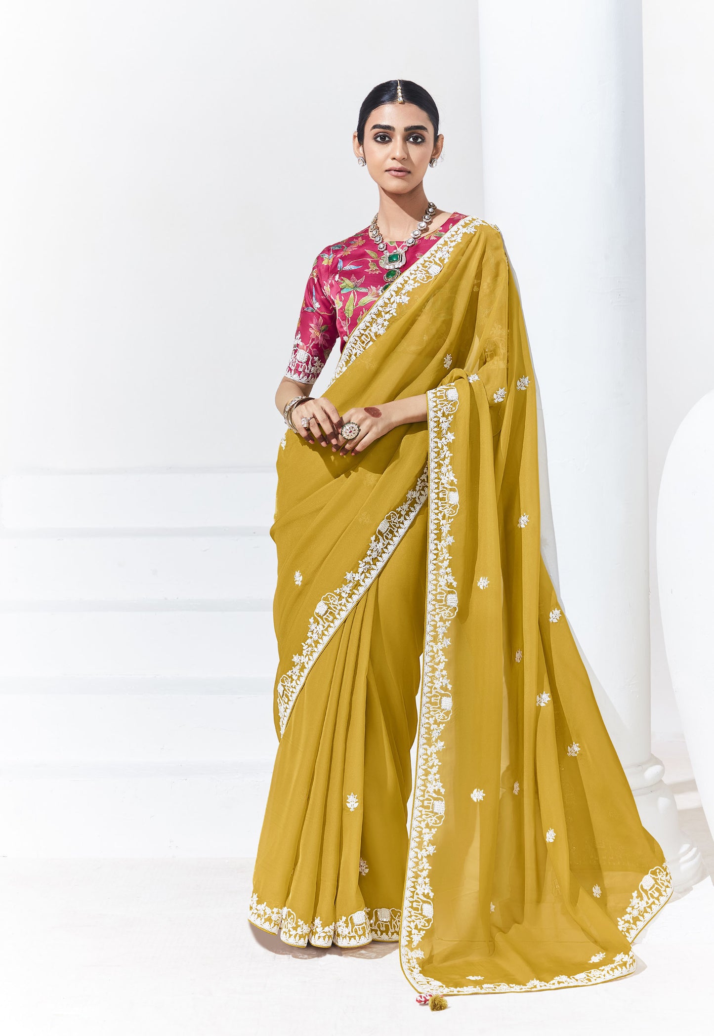 Mustard Yellow Glass Tissue & organza Sequnis & Dhaga Embroidered Designer Haldi Saree