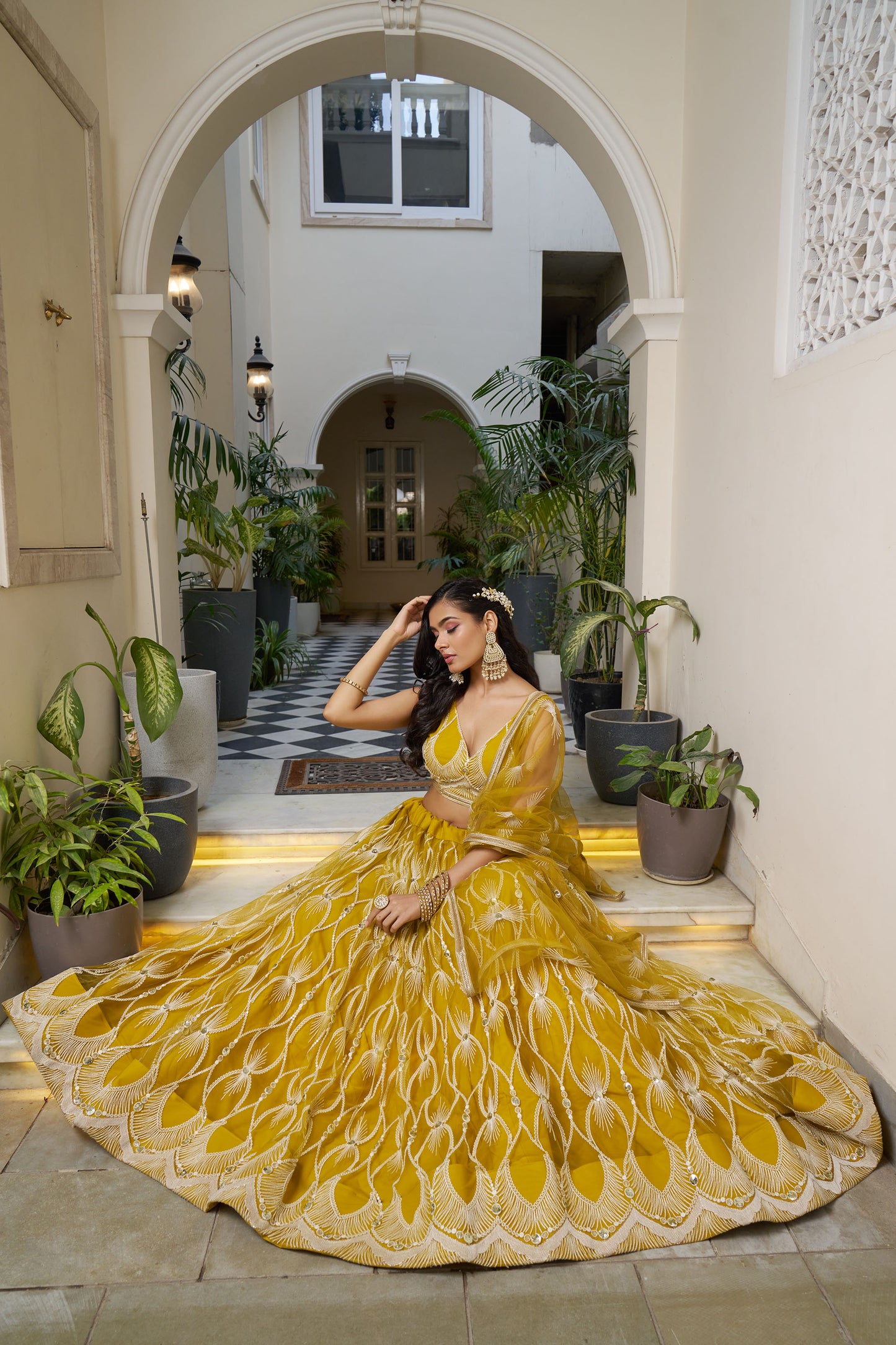 Yellow Dori & Sequins Embroidered Net Haldi Lehenga