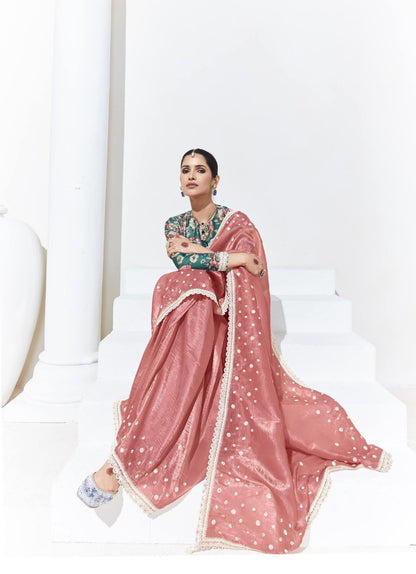 Peach Glass Tissue & organza Sequnis & Dhaga Embroidered Designer Engagement Saree