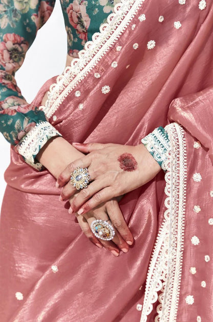 Peach Glass Tissue & organza Sequnis & Dhaga Embroidered Designer Engagement Saree