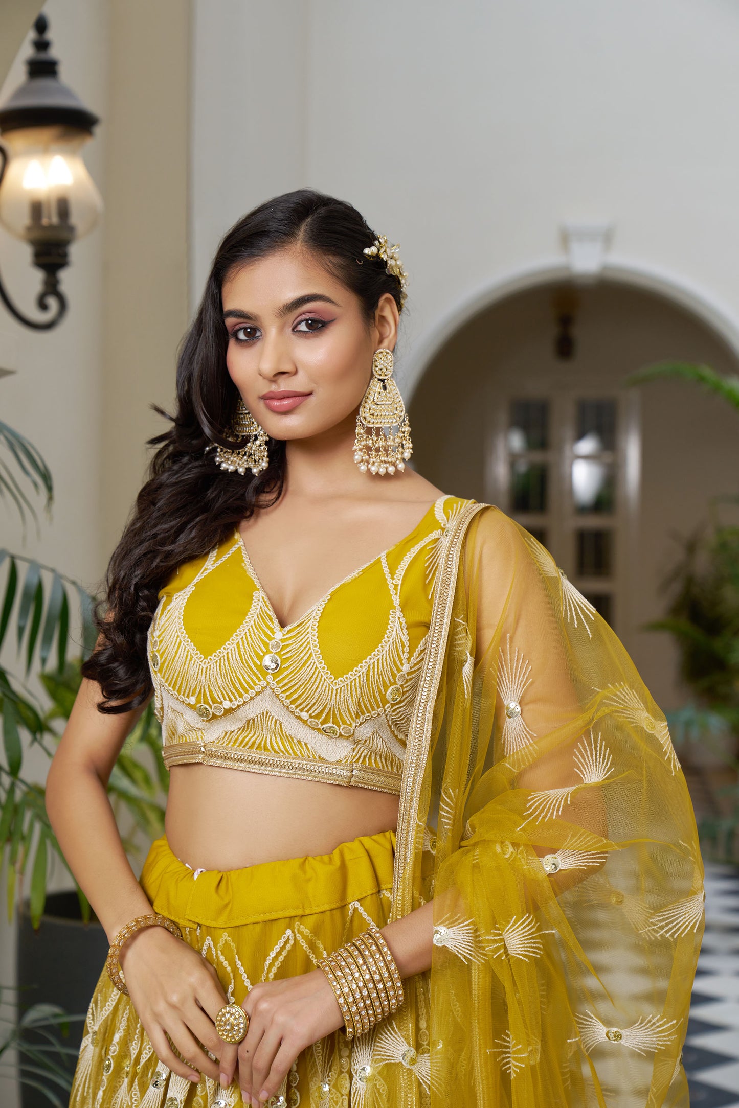 Yellow Dori & Sequins Embroidered Net Haldi Lehenga