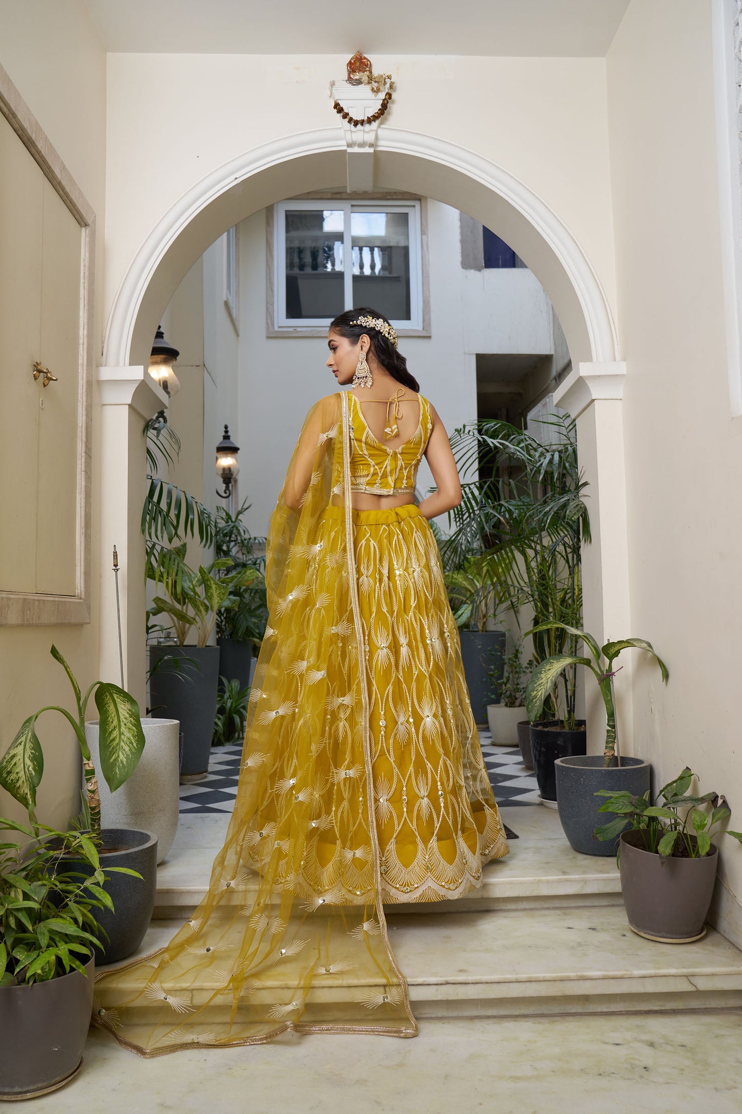 Yellow Dori & Sequins Embroidered Net Haldi Lehenga