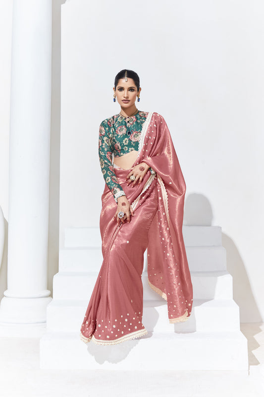 Peach Glass Tissue & organza Sequnis & Dhaga Embroidered Designer Engagement Saree