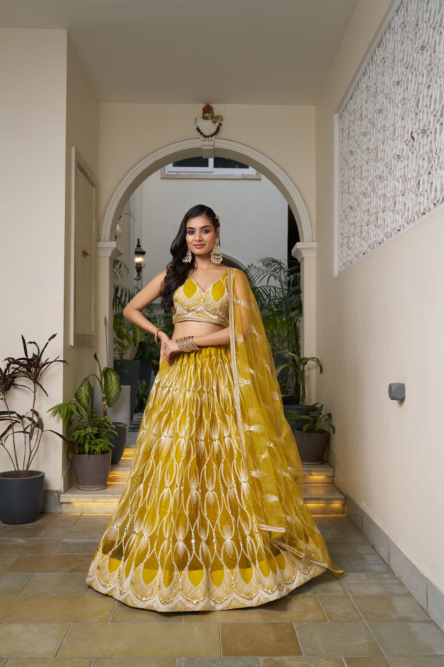 Yellow Dori & Sequins Embroidered Net Haldi Lehenga