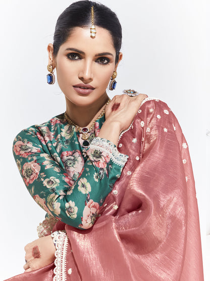 Peach Glass Tissue & organza Sequnis & Dhaga Embroidered Designer Engagement Saree