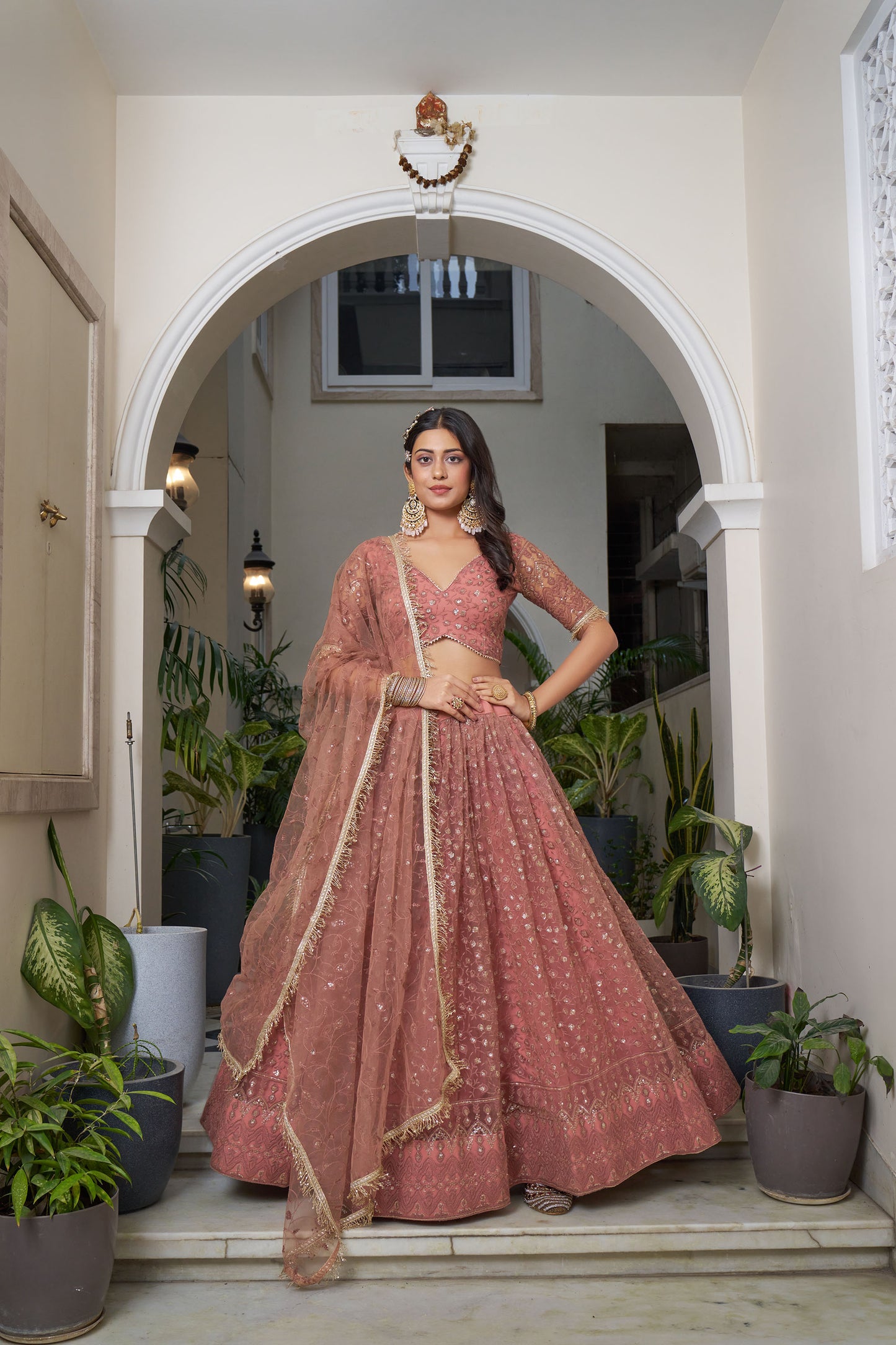 Dusty Pink Dori & Sequins Embroidered Net Reception Lehenga