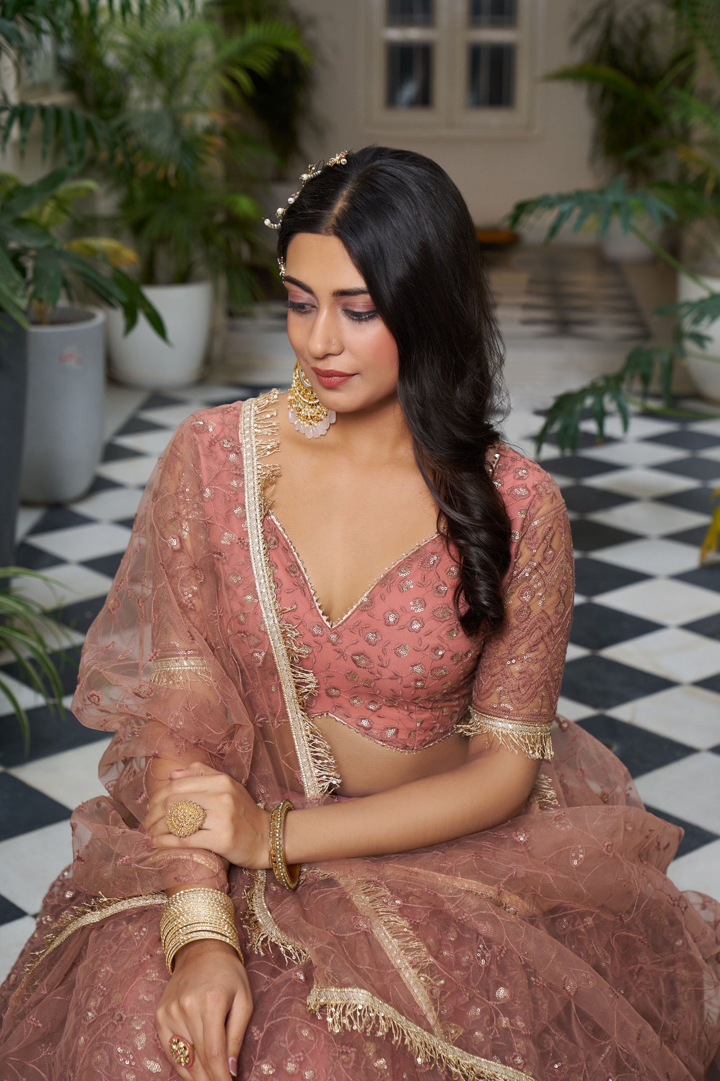 Dusty Pink Dori & Sequins Embroidered Net Reception Lehenga