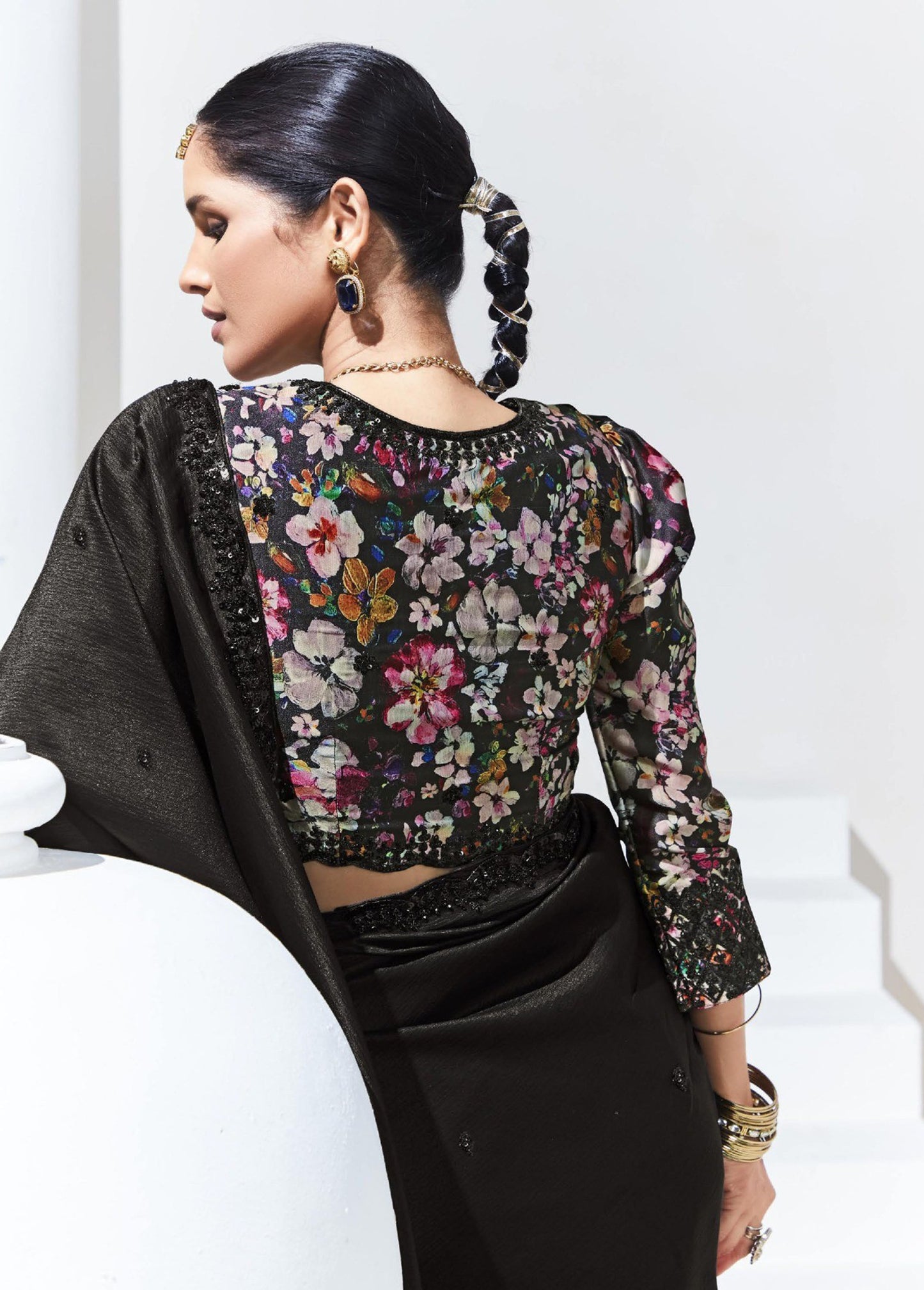 Black Glass Tissue & organza Sequnis & Dhaga Embroidered Designer Cocktail Saree