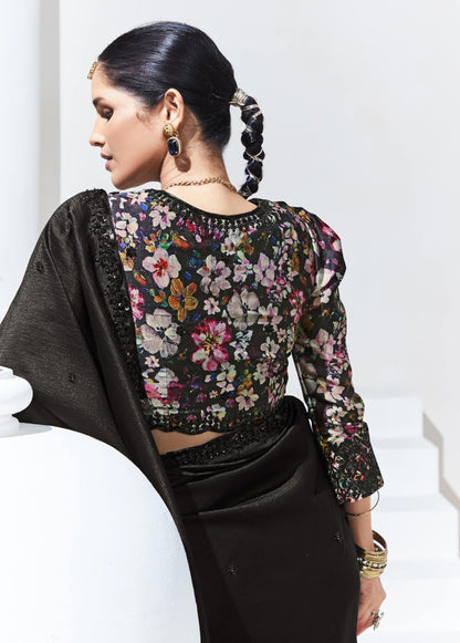 Black Glass Tissue & organza Sequnis & Dhaga Embroidered Designer Cocktail Saree