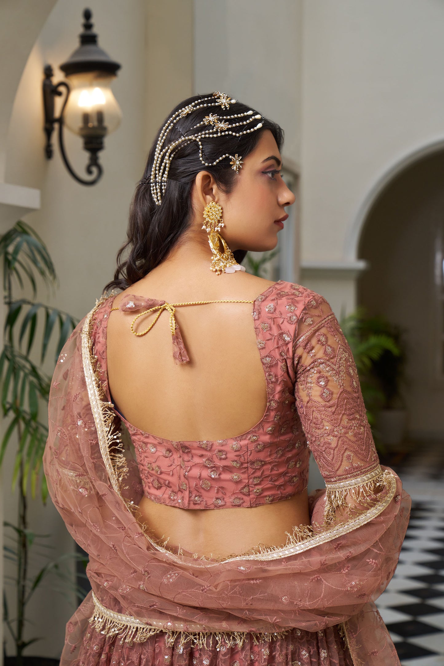 Dusty Pink Dori & Sequins Embroidered Net Reception Lehenga