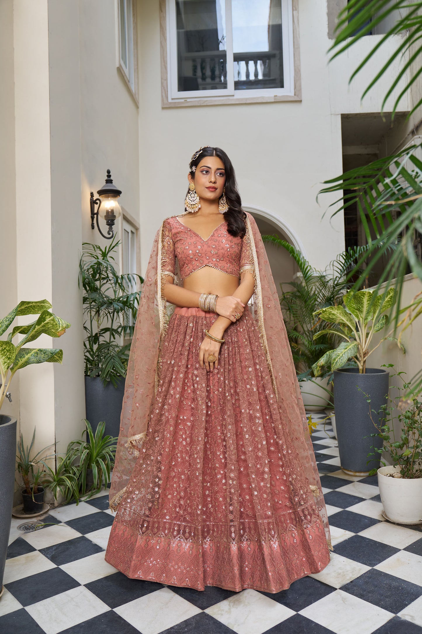 Dusty Pink Dori & Sequins Embroidered Net Reception Lehenga