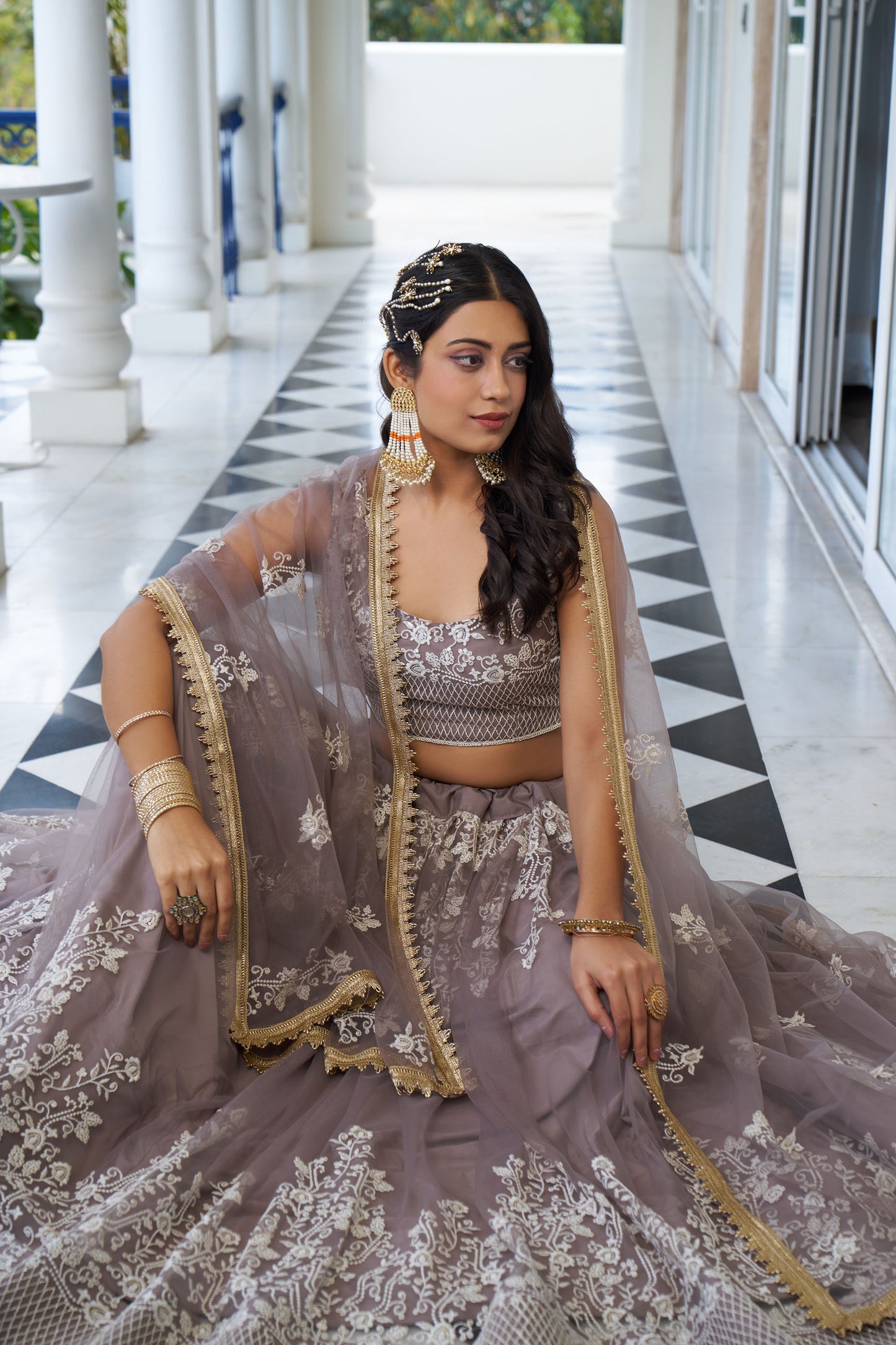 Mauve Dori & Sequins Embroidered Net Sangeet Lehenga