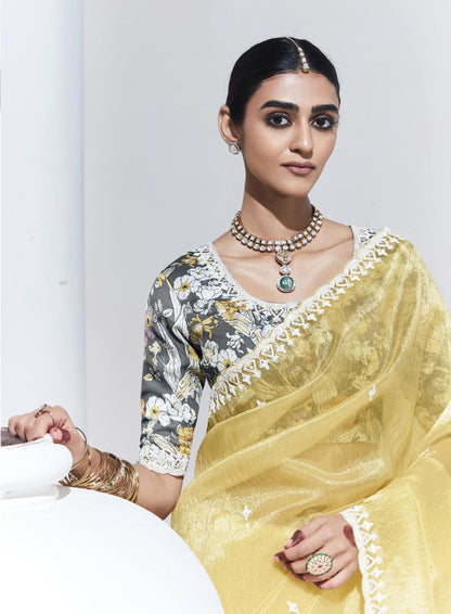 Yellow Glass Tissue & organza Sequnis & Dhaga Embroidered Designer Haldi Saree