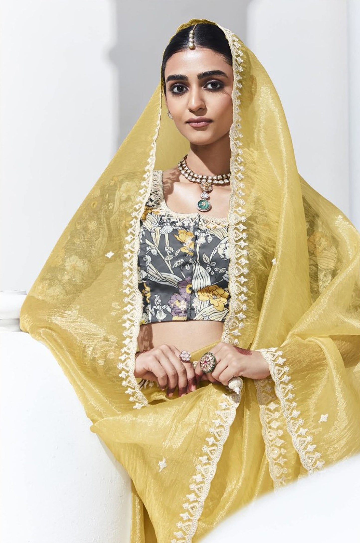 Yellow Glass Tissue & organza Sequnis & Dhaga Embroidered Designer Haldi Saree