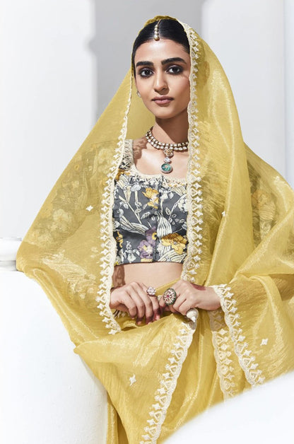 Yellow Glass Tissue & organza Sequnis & Dhaga Embroidered Designer Haldi Saree