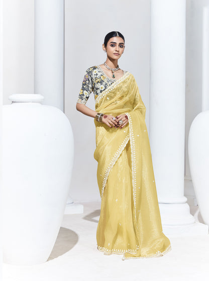 Yellow Glass Tissue & organza Sequnis & Dhaga Embroidered Designer Haldi Saree