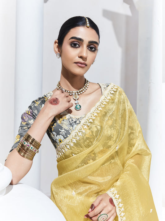 Yellow Glass Tissue & organza Sequnis & Dhaga Embroidered Designer Haldi Saree
