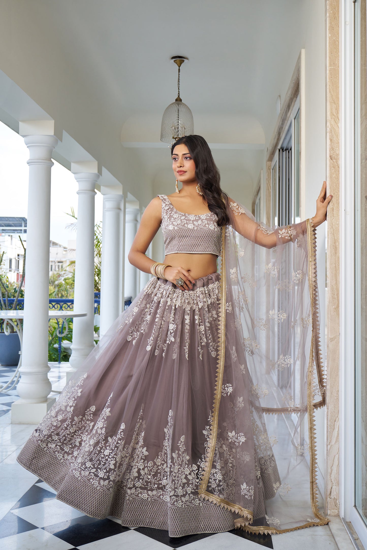 Mauve Dori & Sequins Embroidered Net Sangeet Lehenga