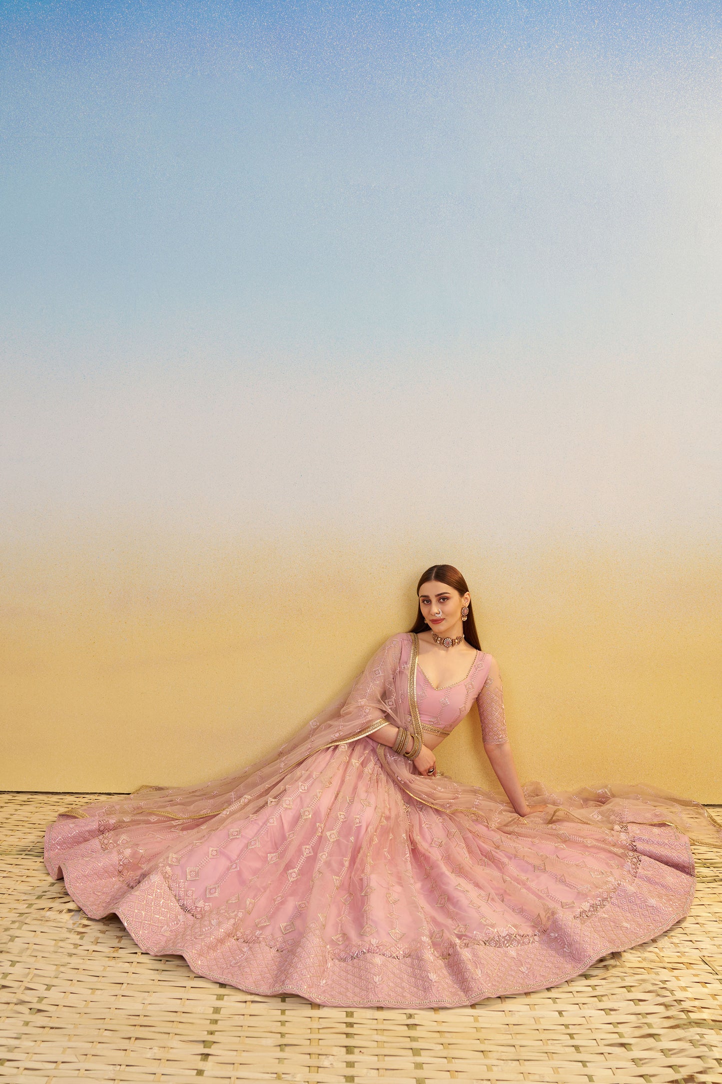 Light Pink Butterfly Net Cotton Thread & Sequin Work Sangeet Lehenga