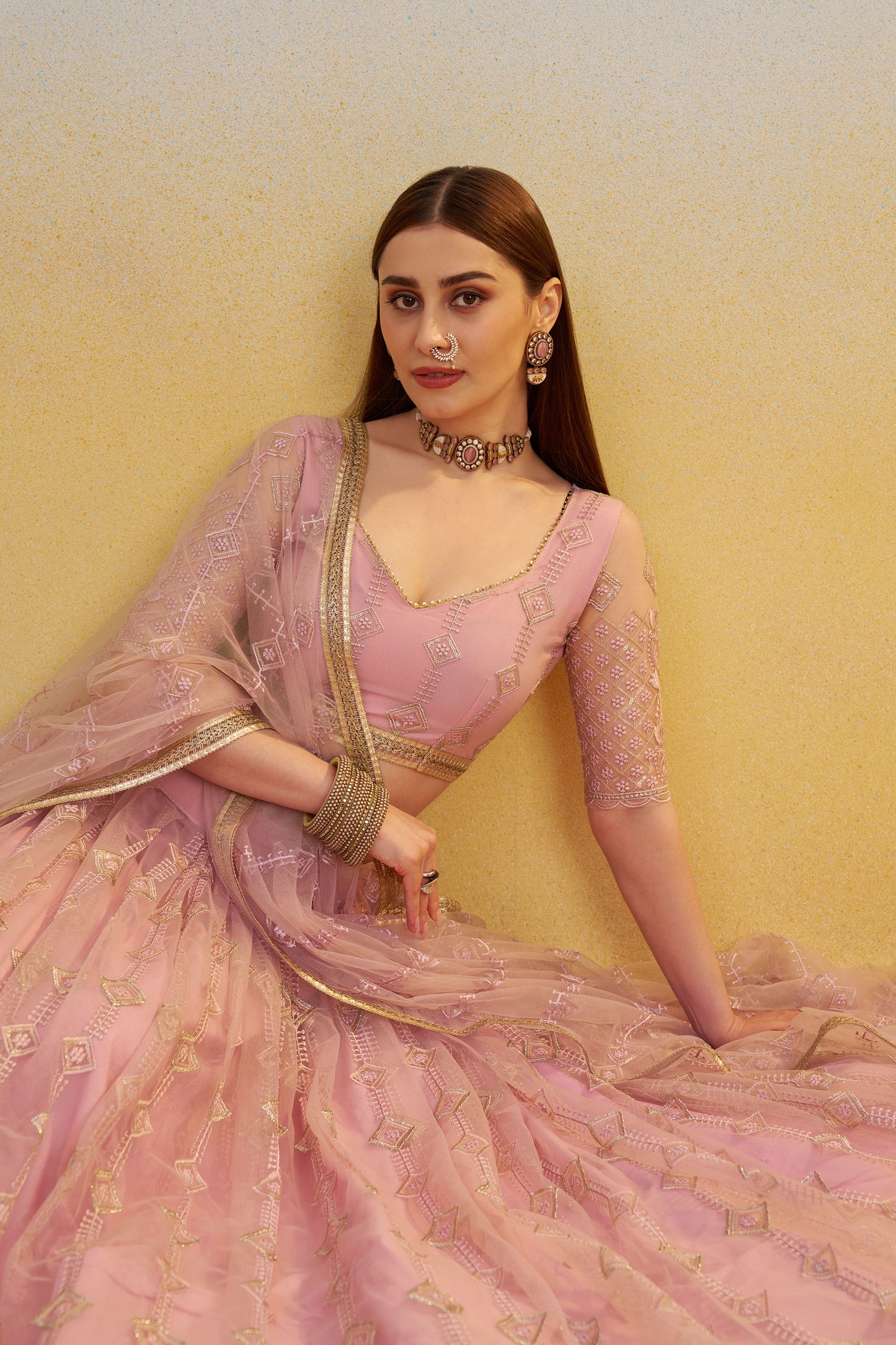 Light Pink Butterfly Net Cotton Thread & Sequin Work Sangeet Lehenga