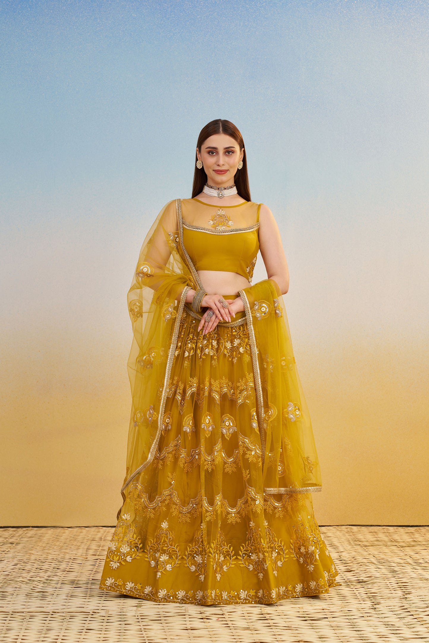 Mustard Yellow Butterfly Net Cotton Thread & Sequin Work Haldi Lehenga