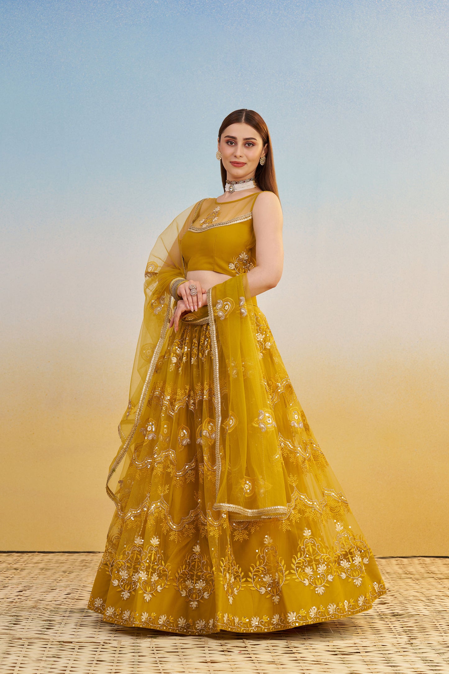 Mustard Yellow Butterfly Net Cotton Thread & Sequin Work Haldi Lehenga