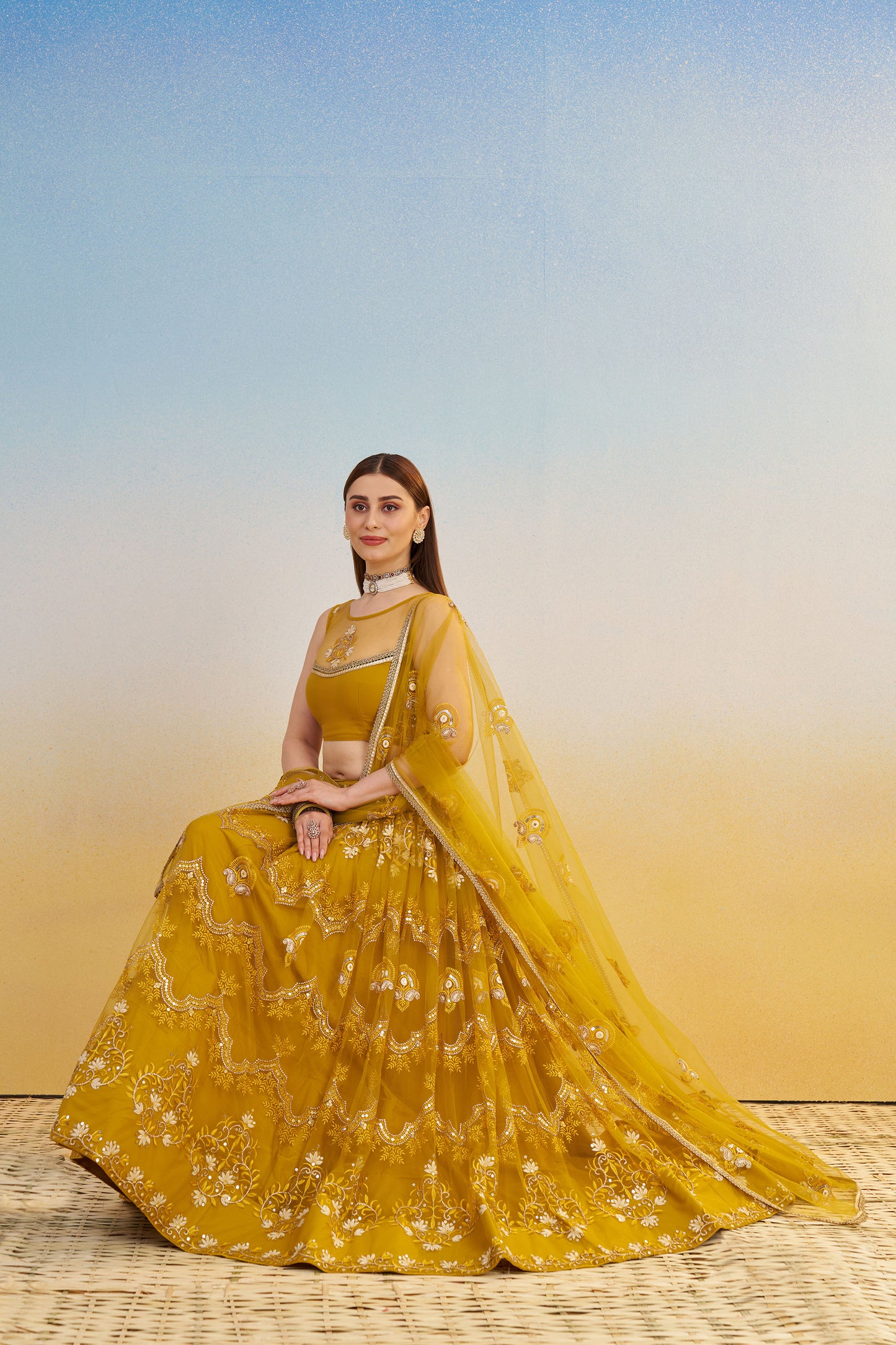 Mustard Yellow Butterfly Net Cotton Thread & Sequin Work Haldi Lehenga