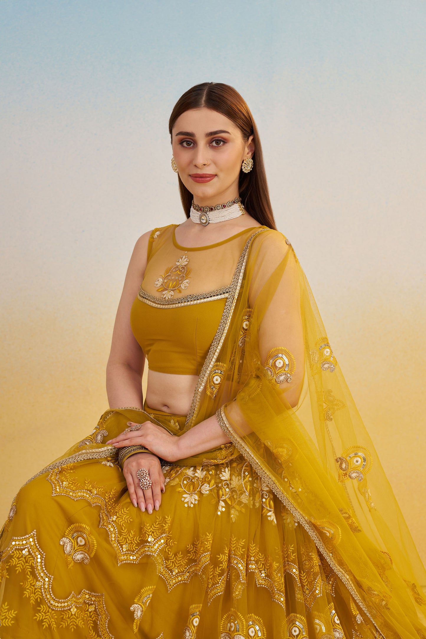 Mustard Yellow Butterfly Net Cotton Thread & Sequin Work Haldi Lehenga