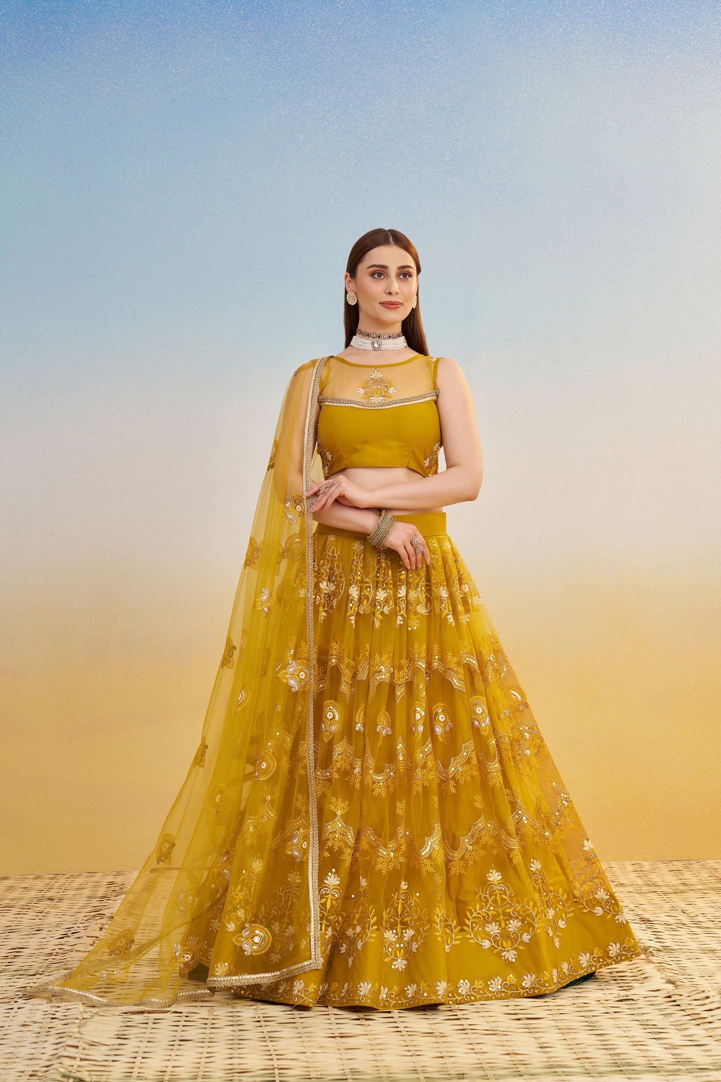Mustard Yellow Butterfly Net Cotton Thread & Sequin Work Haldi Lehenga