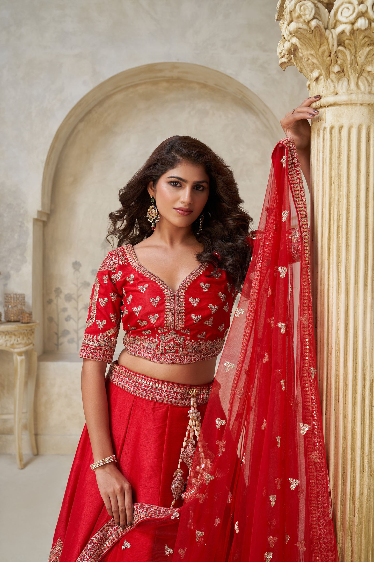 Red Raw silk Lehenga with Leaf Embroidery Bridal Lehenga