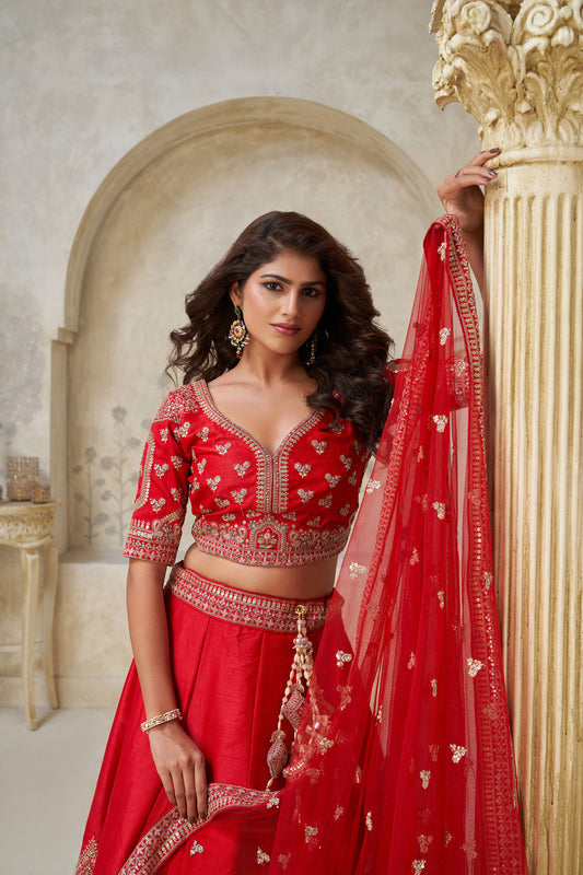 Red Raw silk Lehenga with Leaf Embroidery Bridal Lehenga