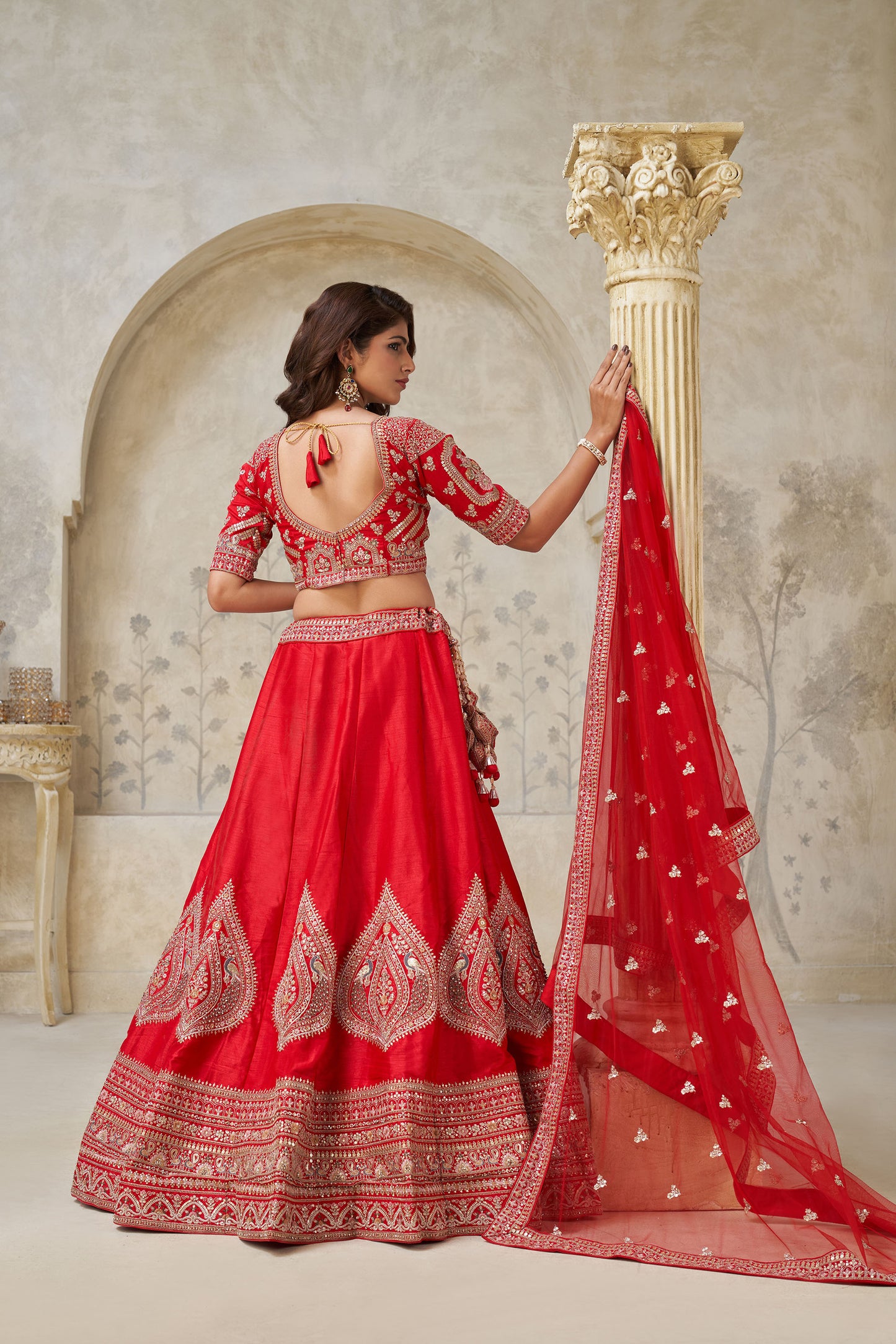 Red Raw silk Lehenga with Leaf Embroidery Bridal Lehenga