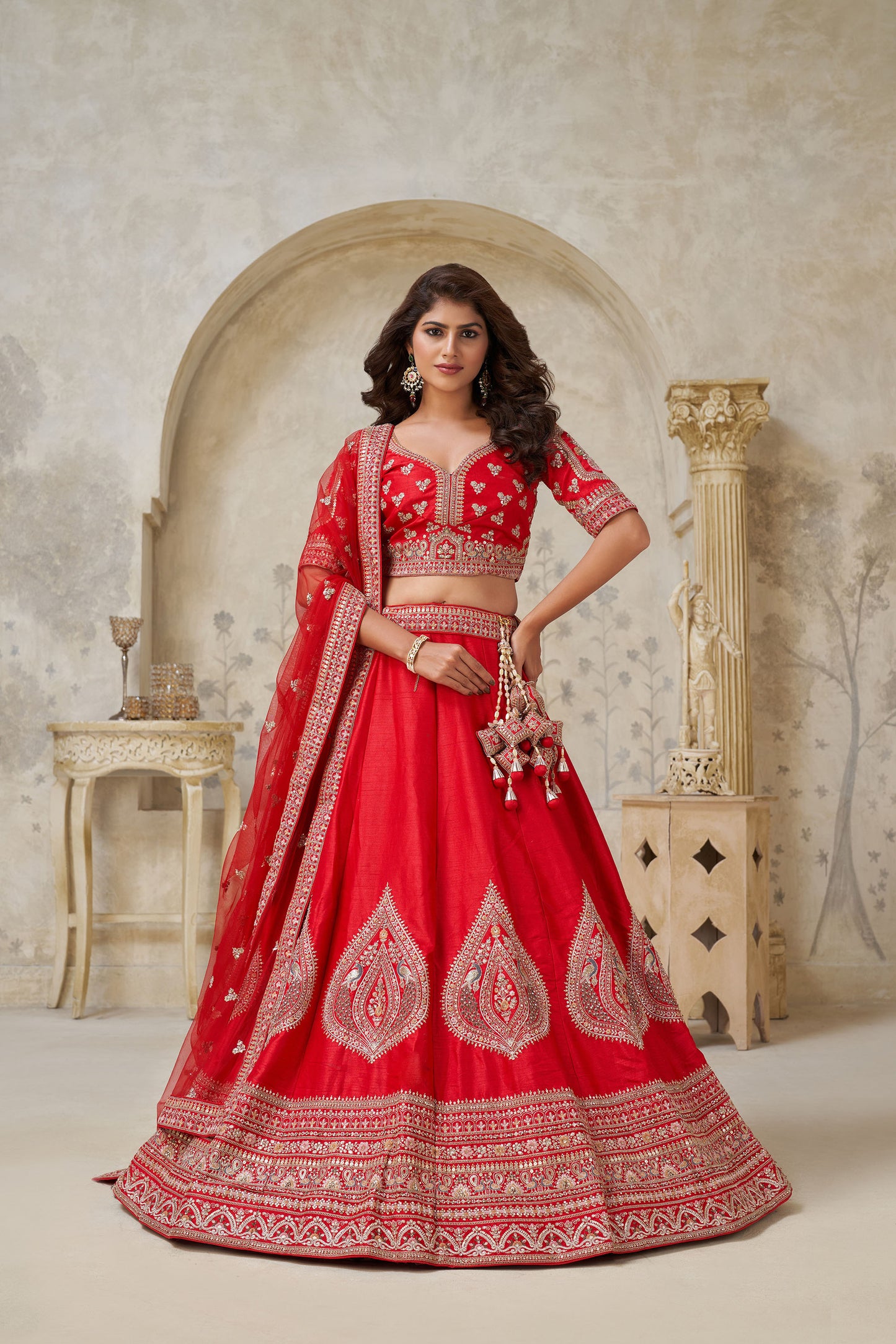 Red Raw silk Lehenga with Leaf Embroidery Bridal Lehenga