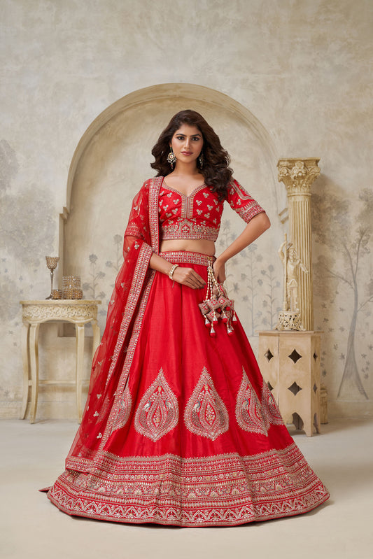 Red Raw silk Lehenga with Leaf Embroidery Bridal Lehenga