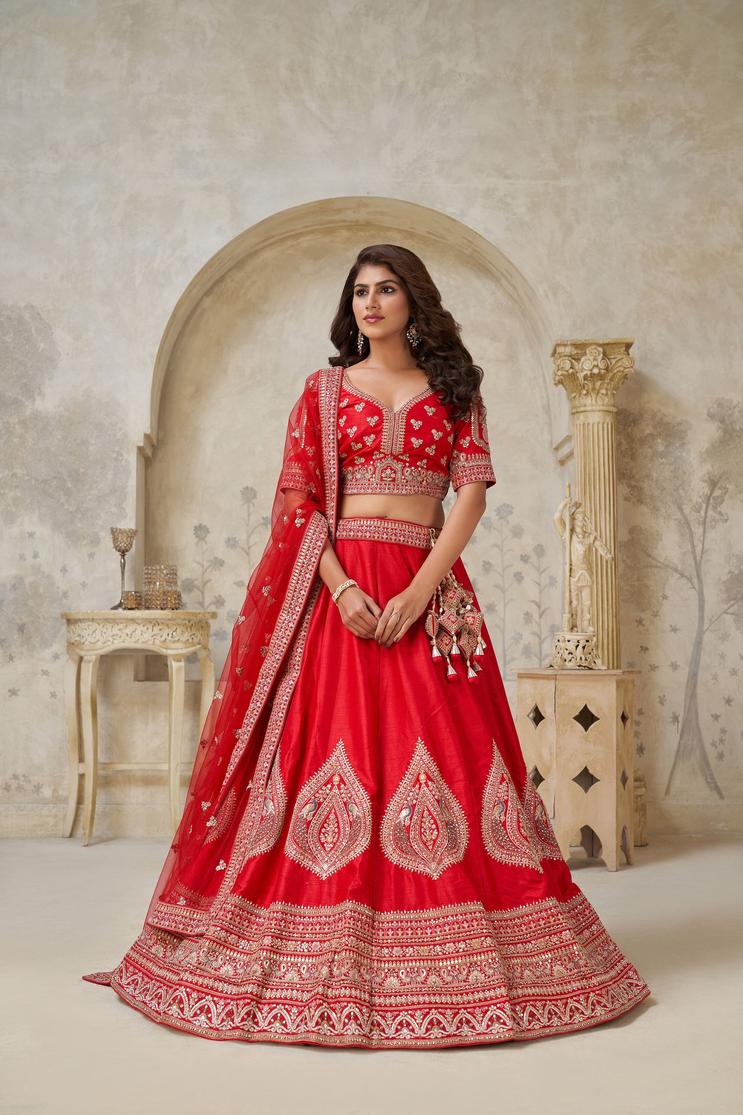 Red Raw silk Lehenga with Leaf Embroidery Bridal Lehenga