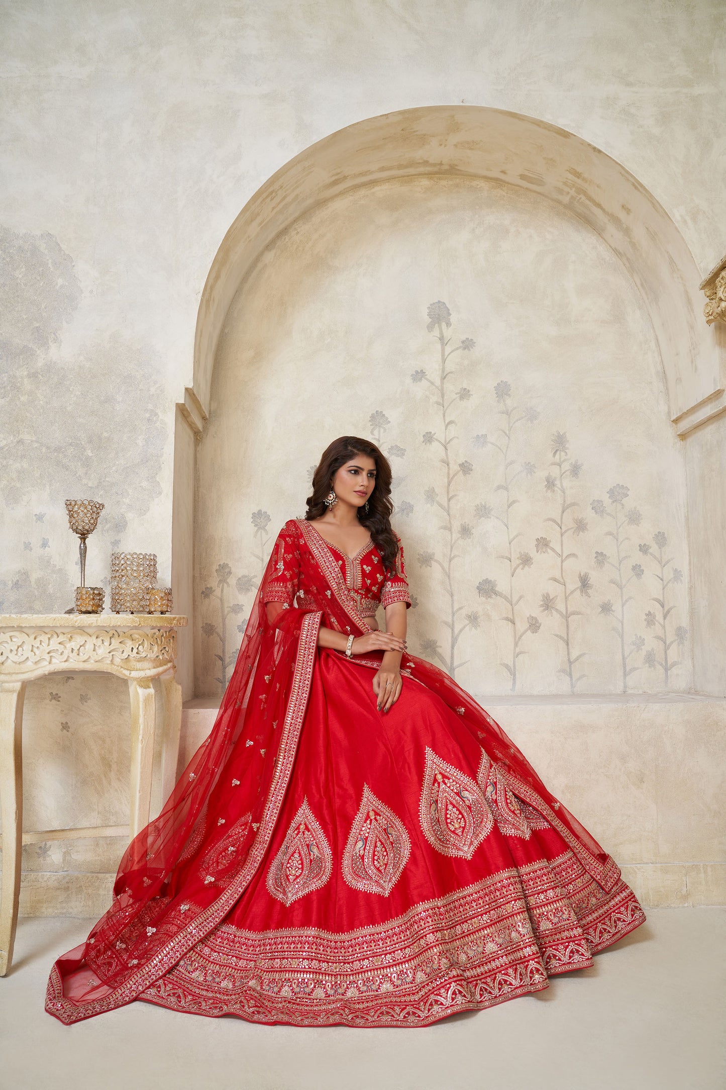 Red Raw silk Lehenga with Leaf Embroidery Bridal Lehenga