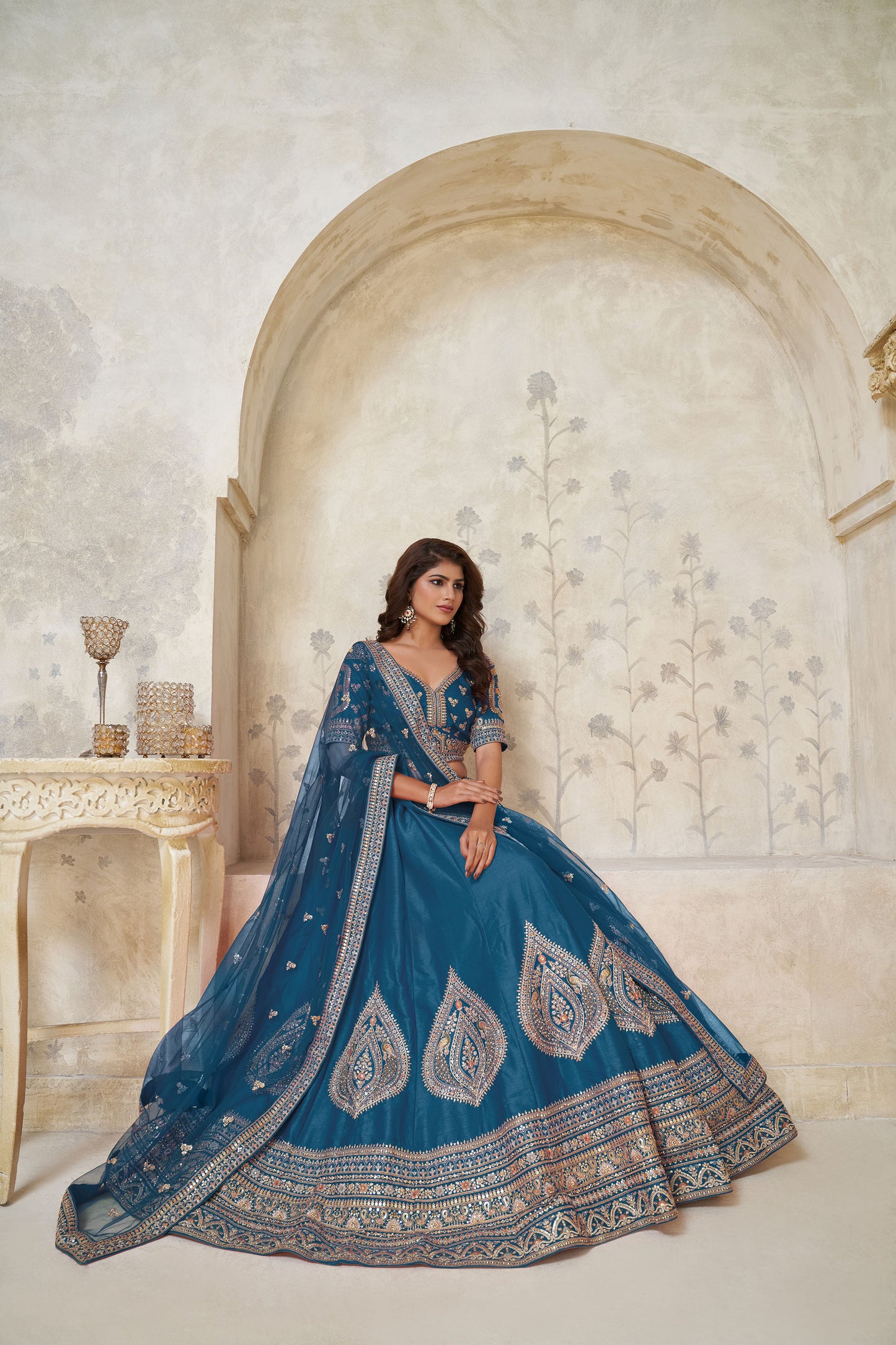 Teal Blue Silk Wedding Lehenga with Leaf & Peacock Motifs