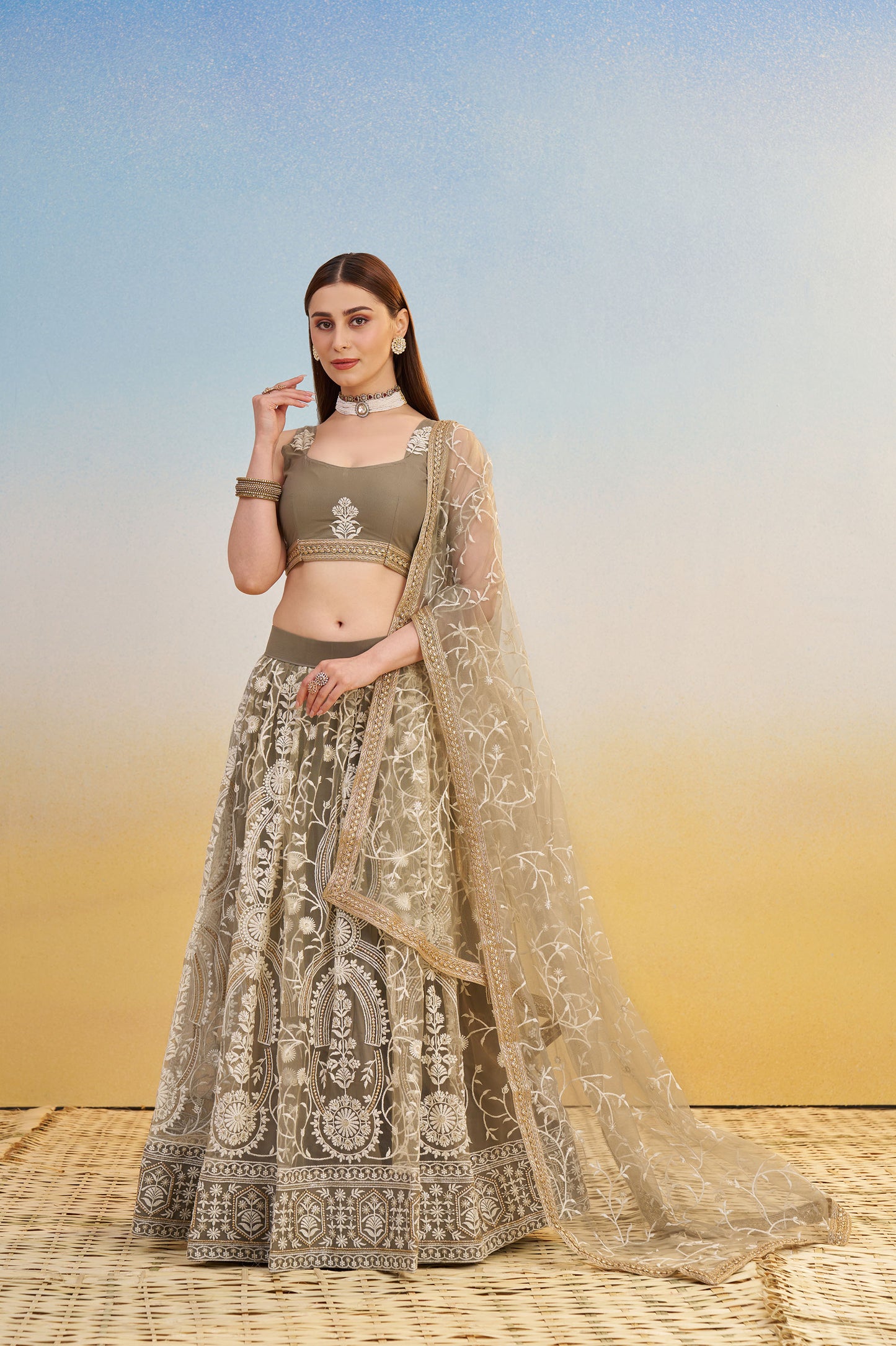 Ivory Butterfly Net Cotton Thread & Sequin Work Reception Lehenga