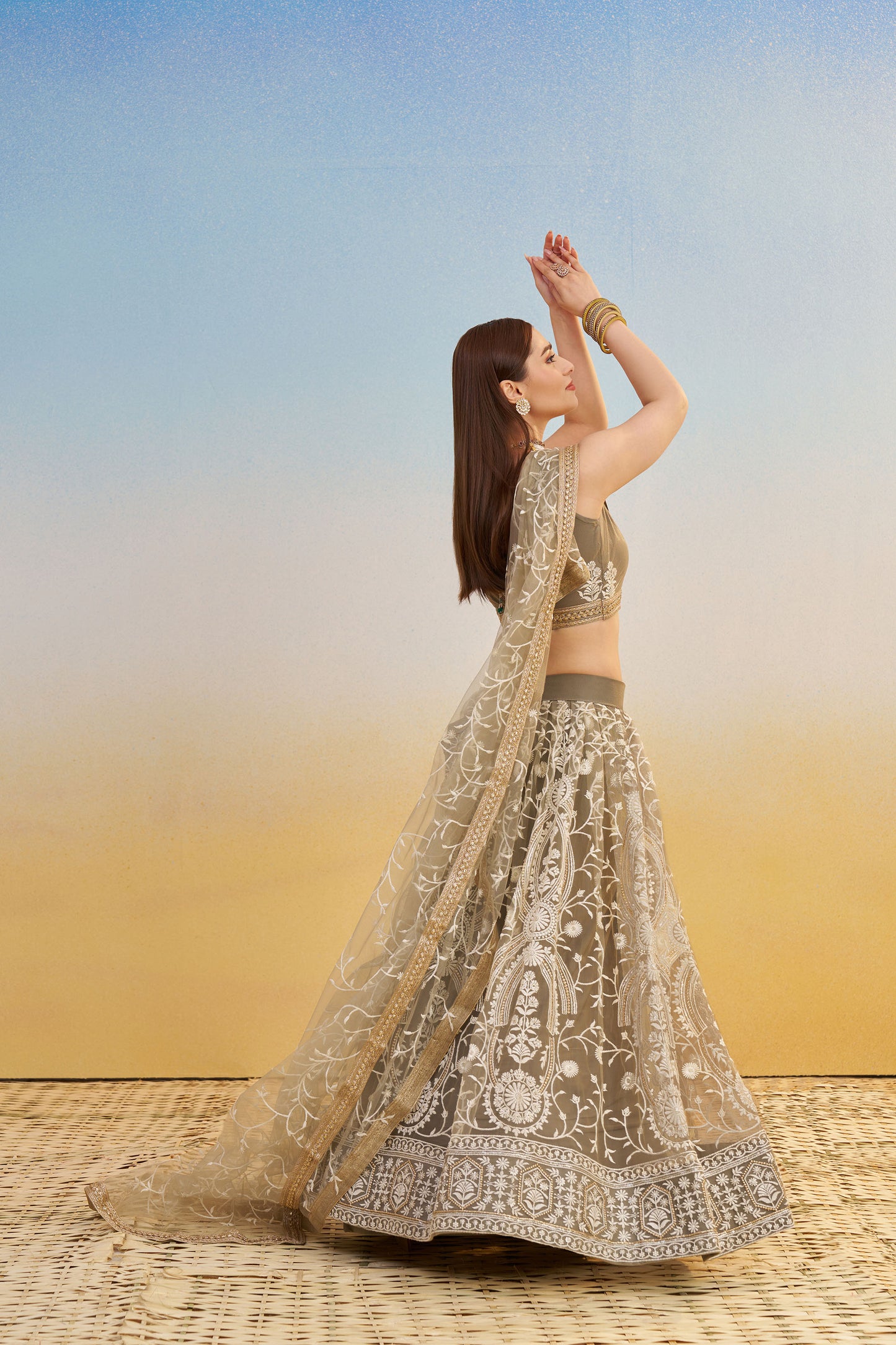 Ivory Butterfly Net Cotton Thread & Sequin Work Reception Lehenga