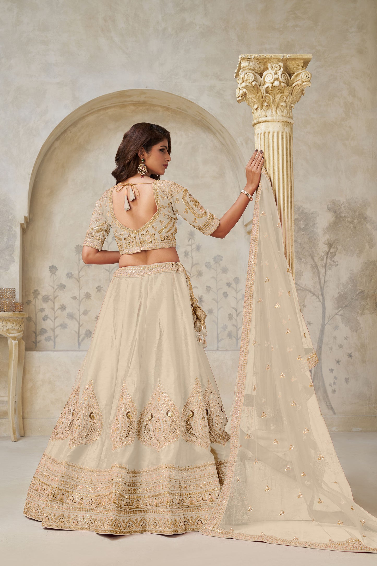 Beige Silk with Leaf Embroidery & Peacock Motifs Wedding Guest Lehenga