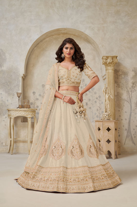 Beige Silk with Leaf Embroidery & Peacock Motifs Wedding Guest Lehenga