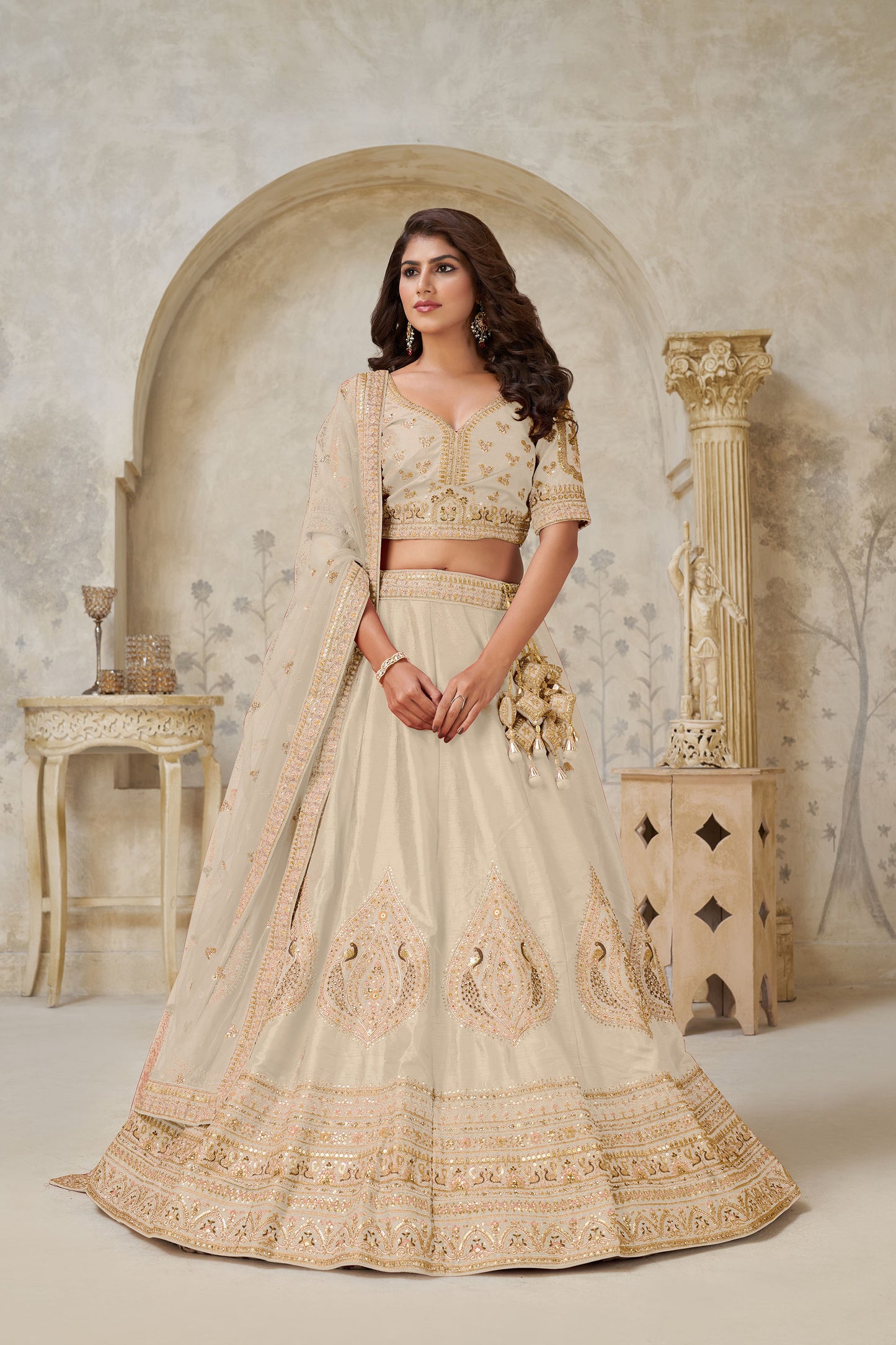 Beige Silk with Leaf Embroidery & Peacock Motifs Wedding Guest Lehenga