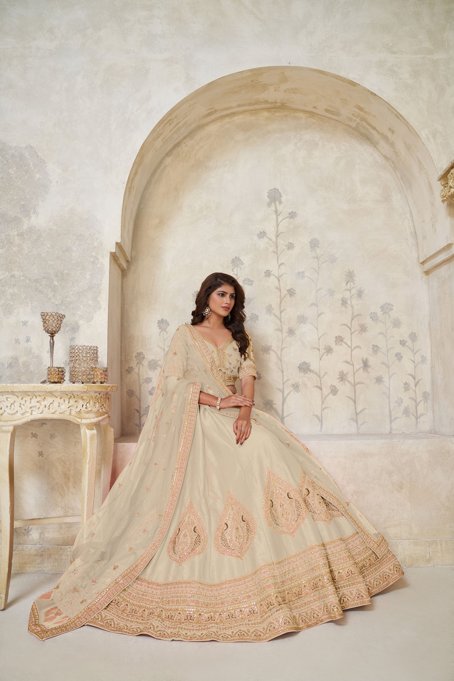 Beige Silk with Leaf Embroidery & Peacock Motifs Wedding Guest Lehenga