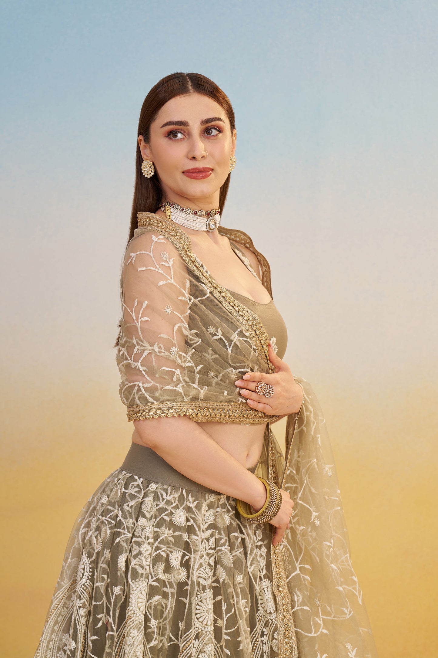 Ivory Butterfly Net Cotton Thread & Sequin Work Reception Lehenga