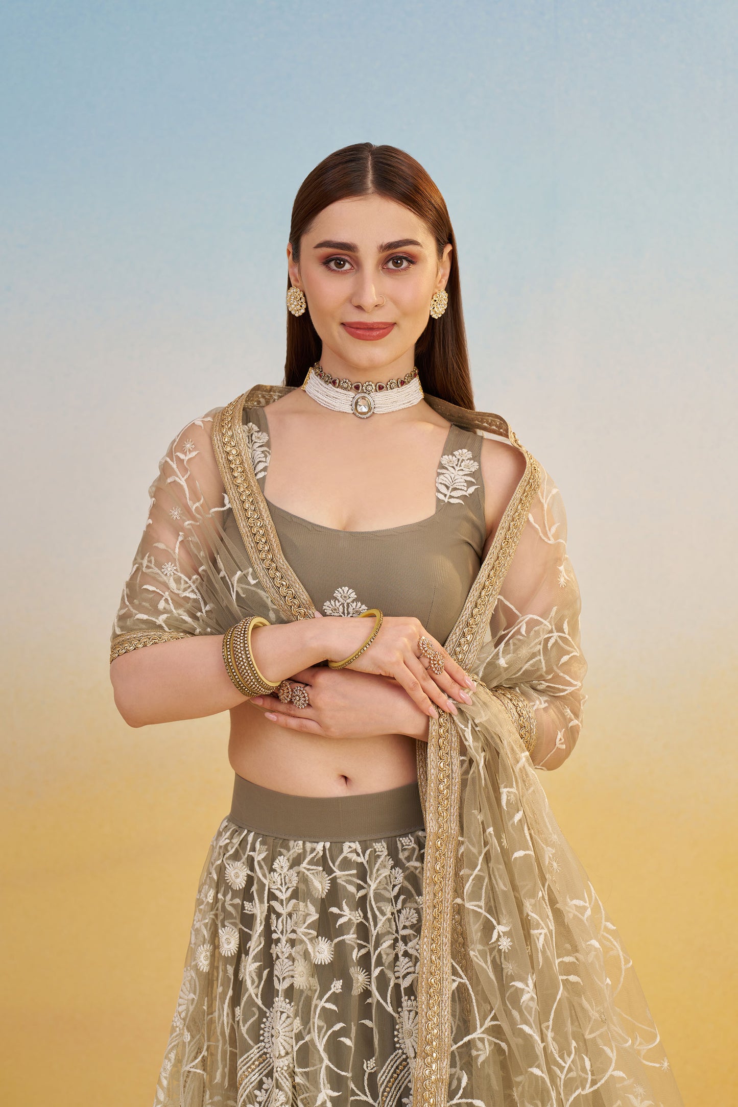 Ivory Butterfly Net Cotton Thread & Sequin Work Reception Lehenga