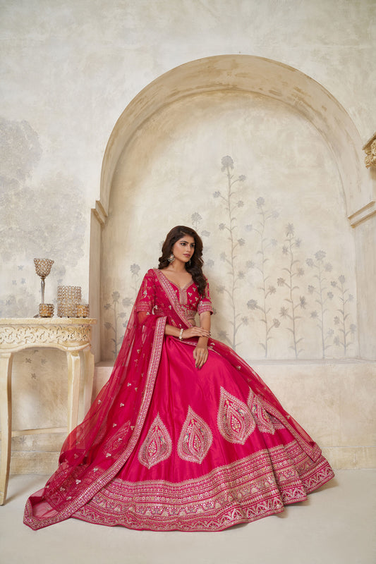 Pink Silk Wedding Lehenga with Leaf Embroidery  & Peacock Motifs