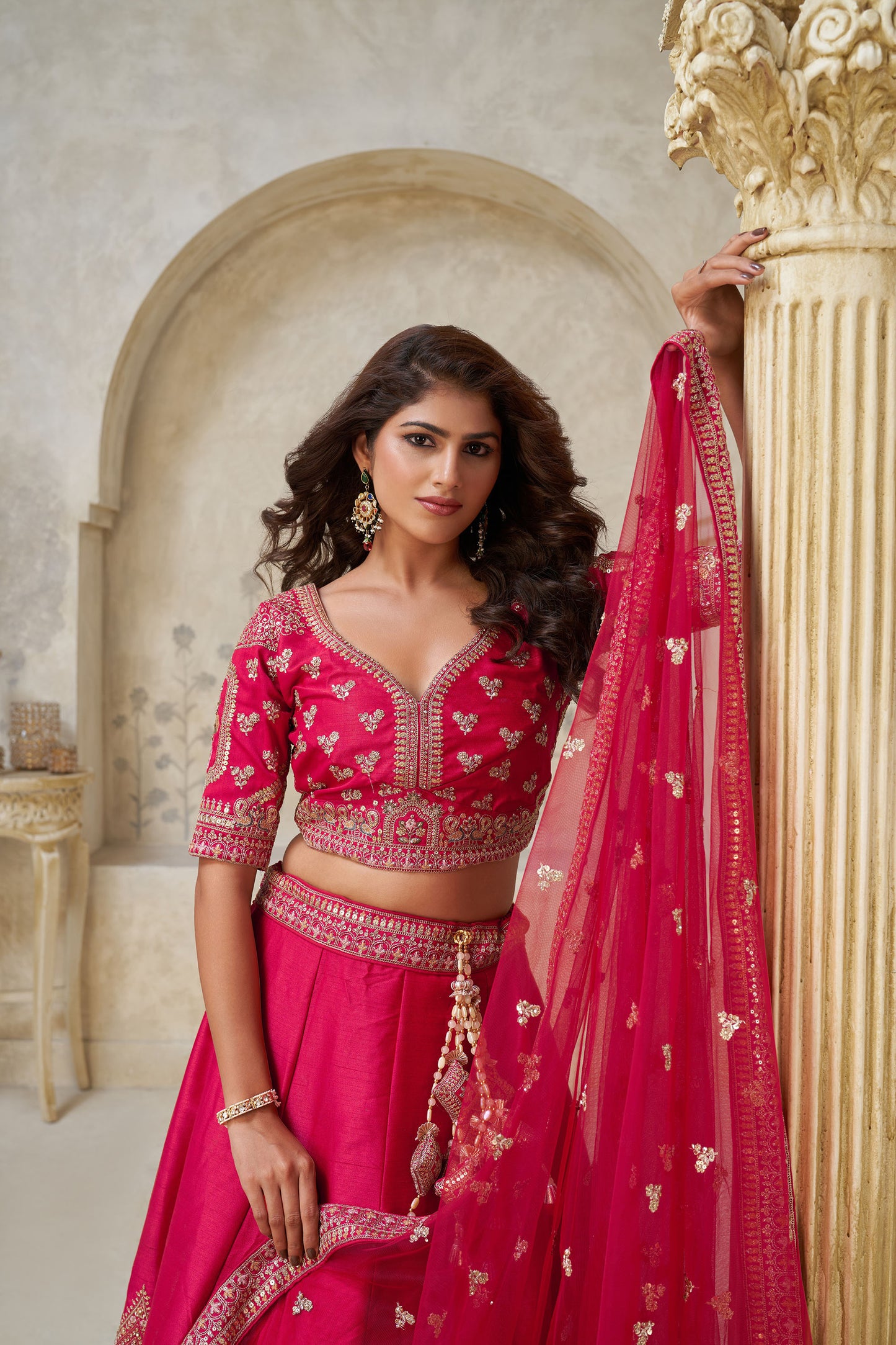 Pink Silk Wedding Lehenga with Leaf Embroidery  & Peacock Motifs